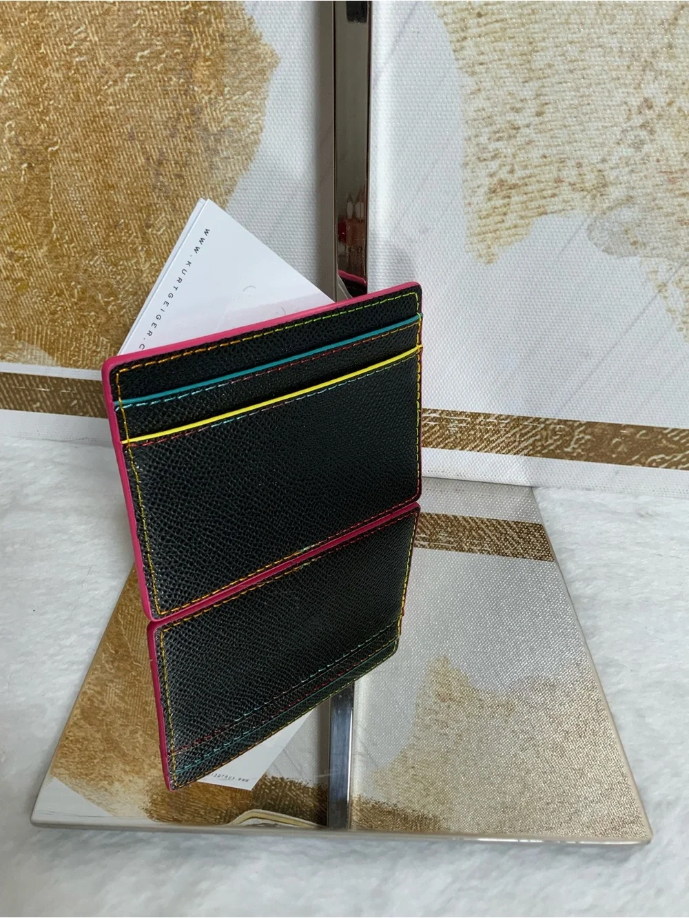 Kurt Geiger Black Card & Key Holder with Pink Edge and Yellow Stitching